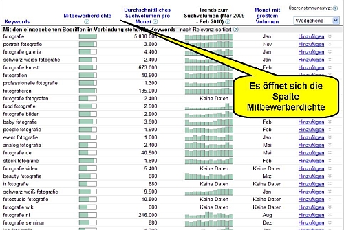 Google Keyword Tool - Mitbewerberdichte